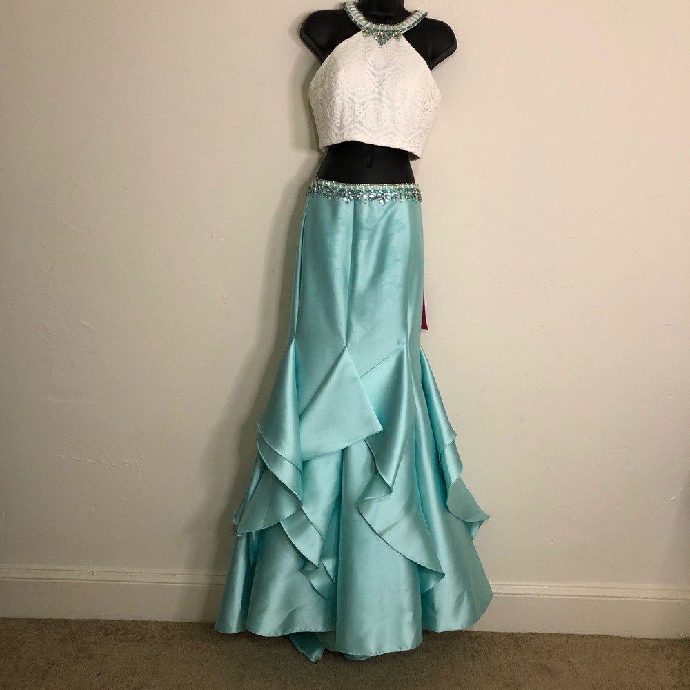 Tiffany Ivory/Aqua Two-Piece Halter Mermaid Gown - Size 6 - NWT